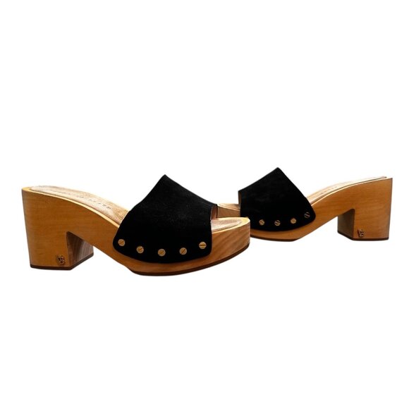 Veronica Beard Hannalee Suede Clogs Women 8 Black Wood Block Heel Platform Retro - Picture 3 of 14
